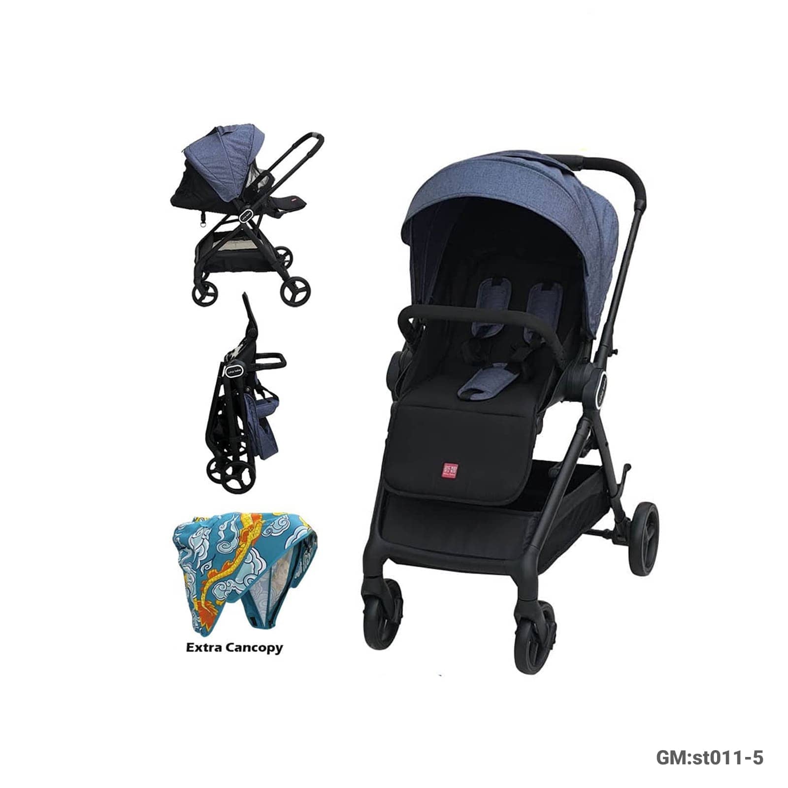 Convertible Baby Stroller with Extra Canopy, Foldable Design, and Storage Basket – ST011-5
