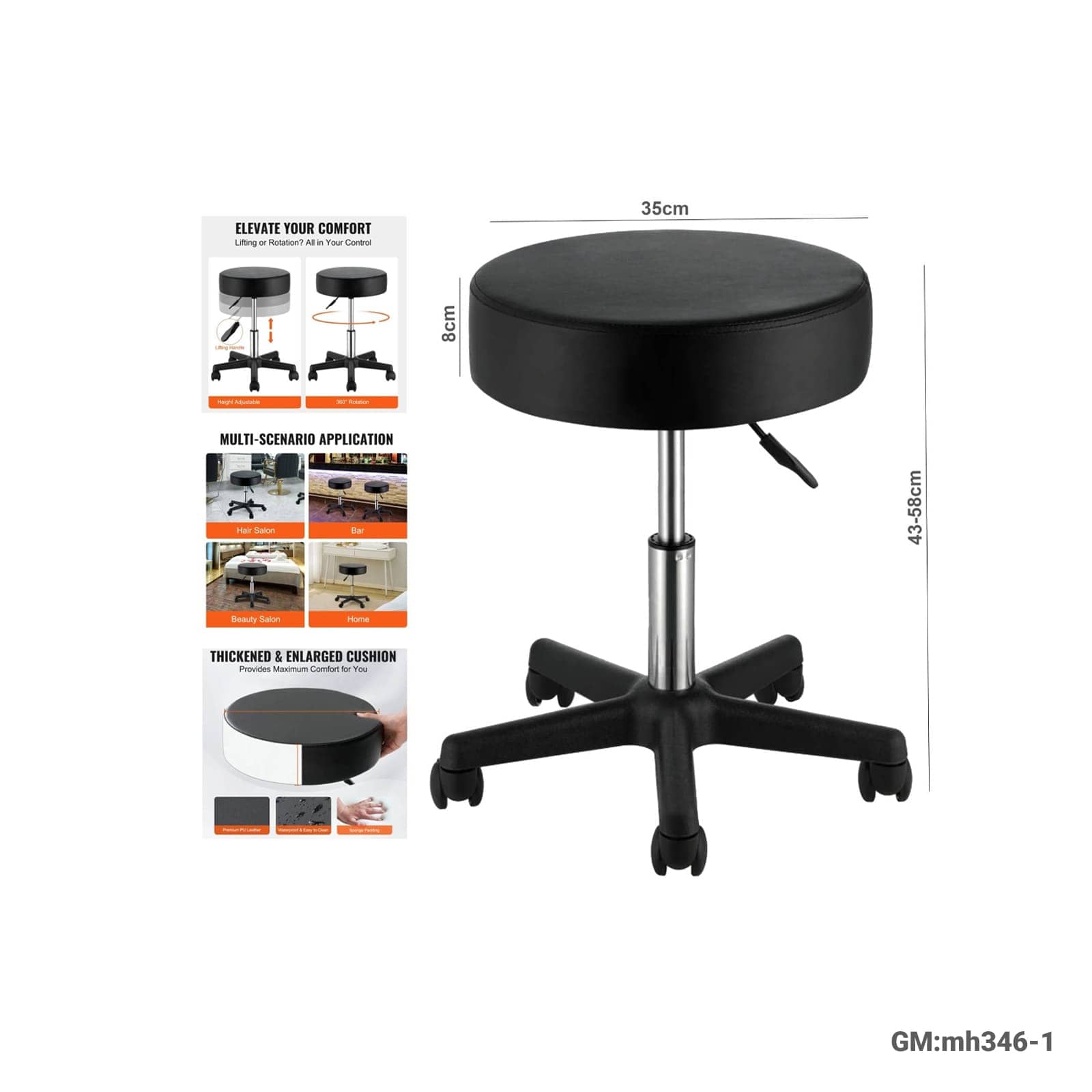 Adjustable Rolling Stool Chair"mh346-1"