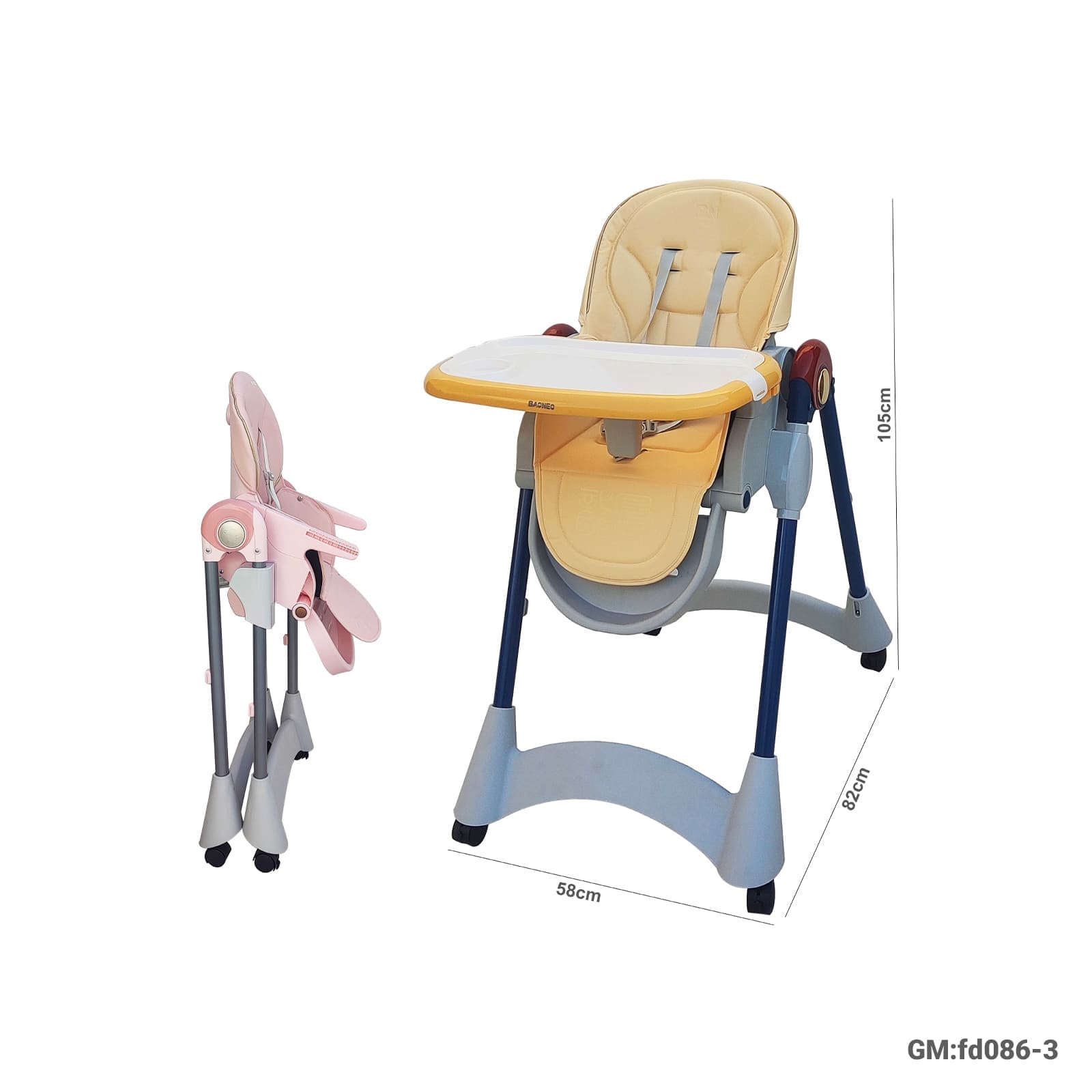 Foldable Baby High Chair with Adjustable Tray & Wheels – FD086-3