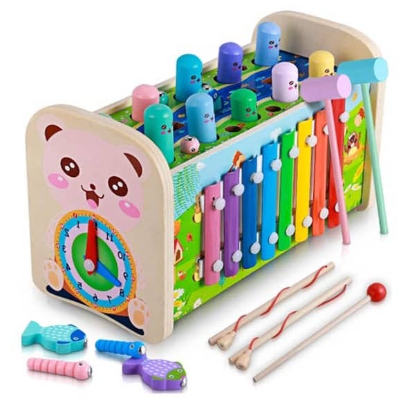 7 in 1 Wooden Baby Educational Toy Set – Montessori Activity Cube with Xylophone and Hammer Games (ED308-4)