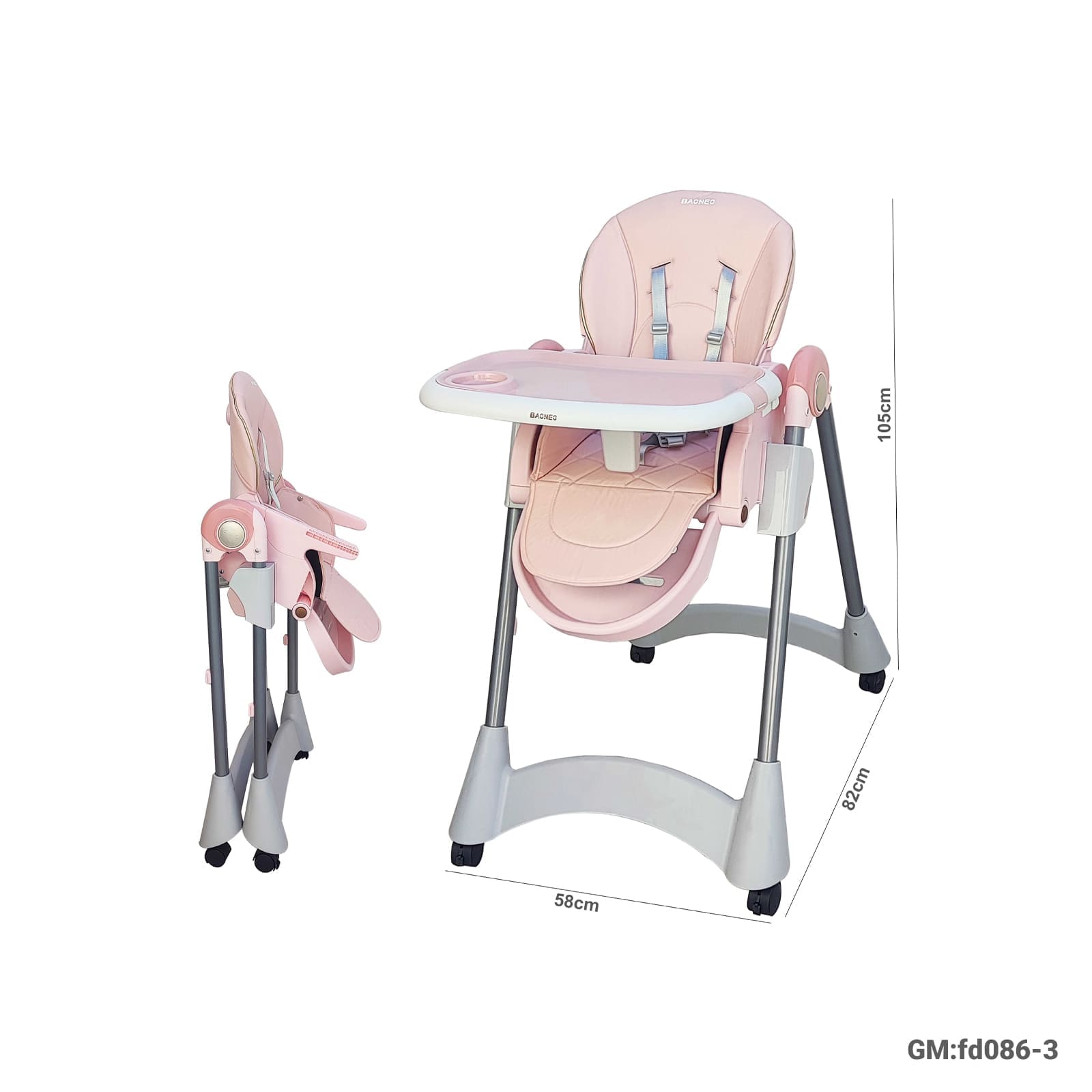 Foldable Baby High Chair with Adjustable Tray & Wheels – FD086-3