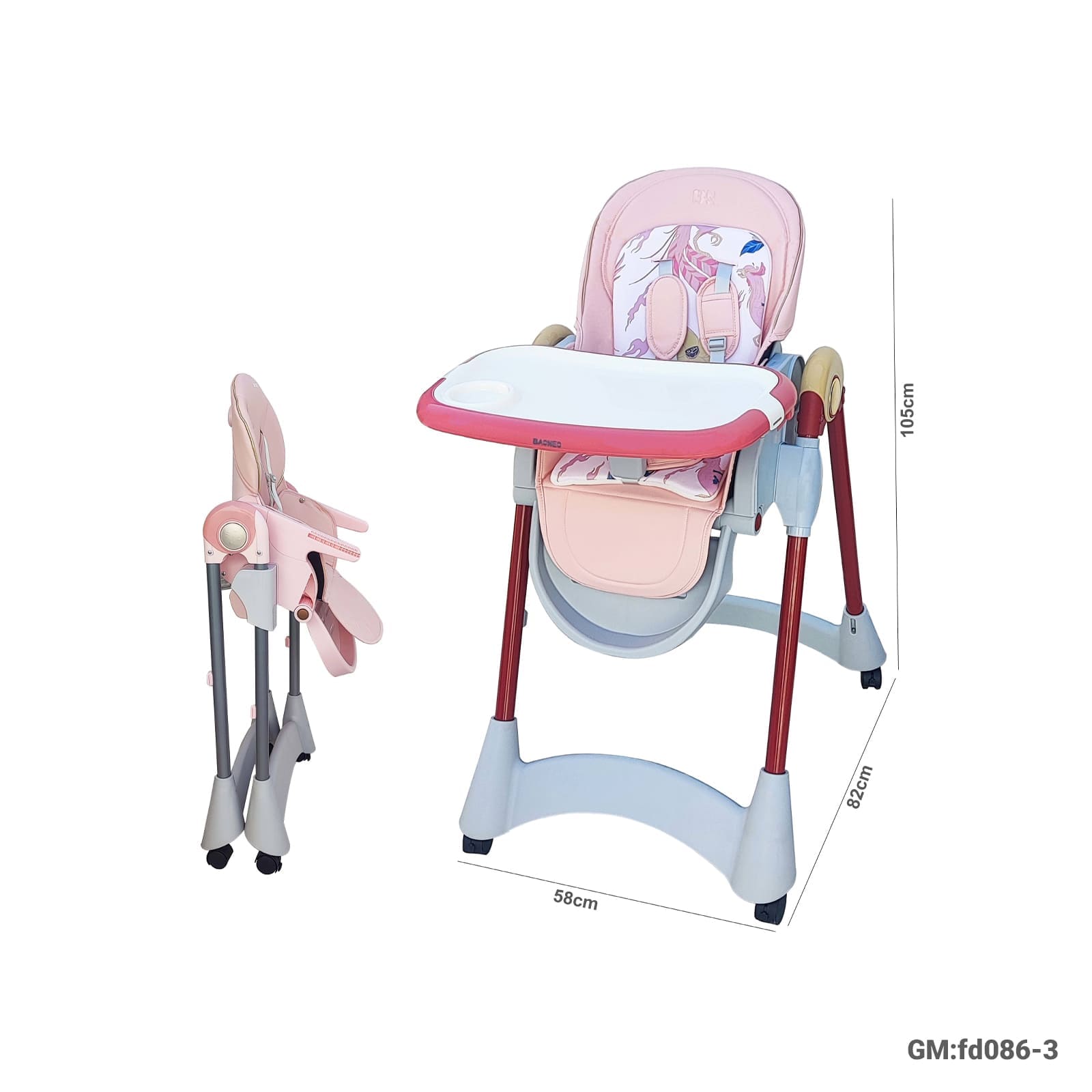 Foldable Baby High Chair with Adjustable Tray & Wheels – FD086-3