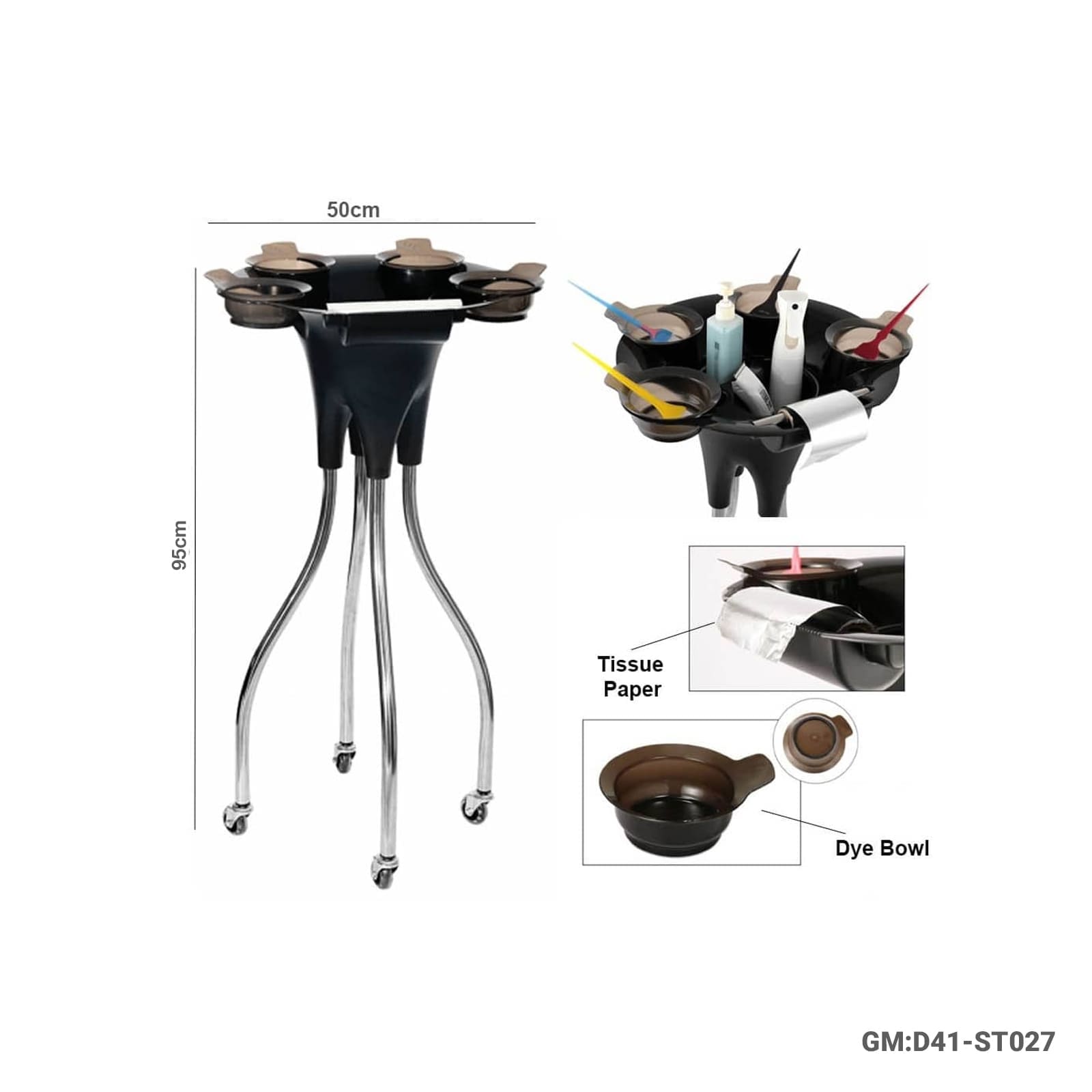 Rolling Hair Barber Salon Trolley with 4 Dye Bowls and Tissue Holder – D41-ST027