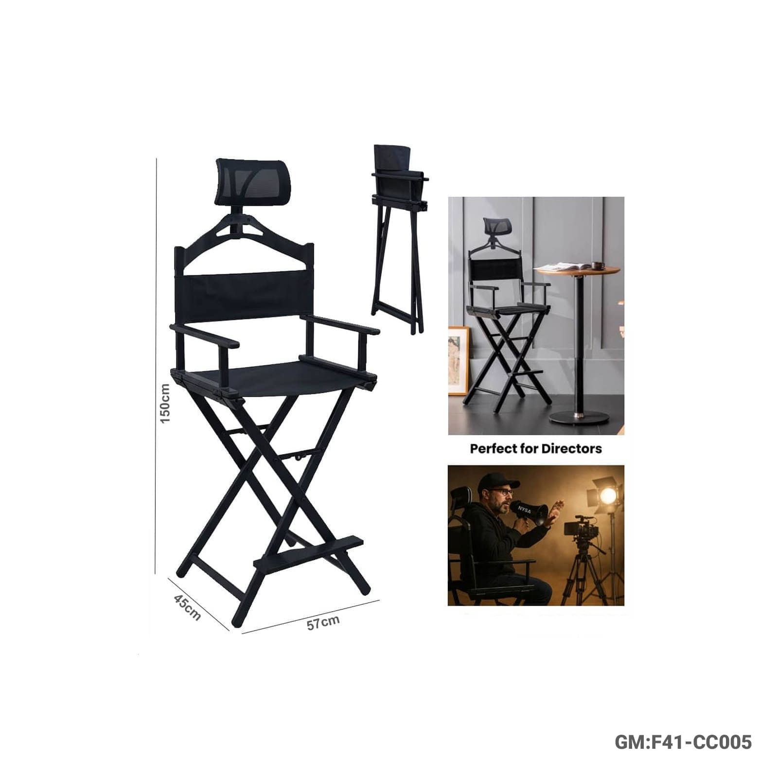 Foldable Director & Makeup Artists Chair with Head Rest – Professional High Chair (F41-CC005)