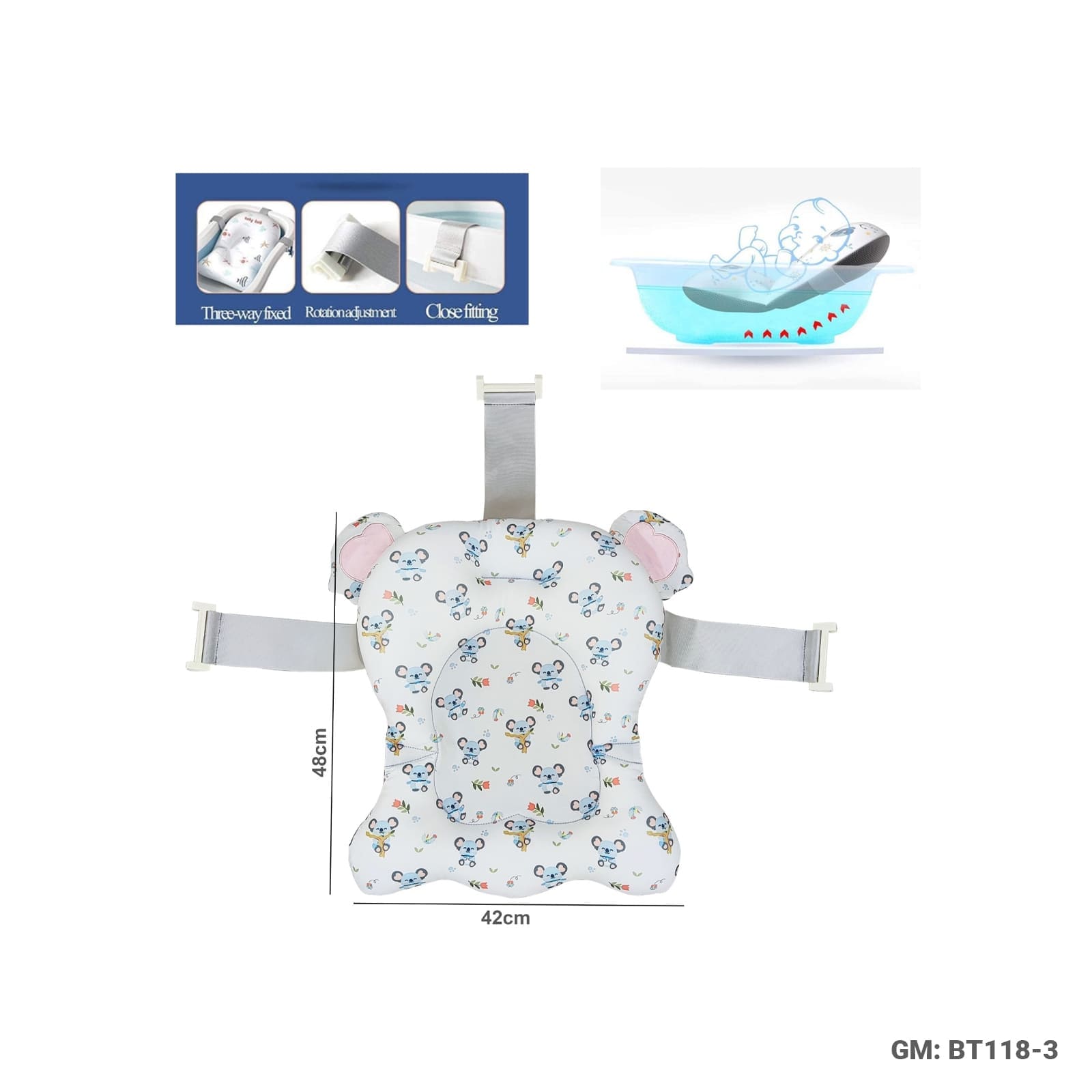 Baby Bath Support Tub Cushion – Adjustable Strap Fixing, Soft Floating Bath Pillow (42 x 48 cm) (BT118-3)