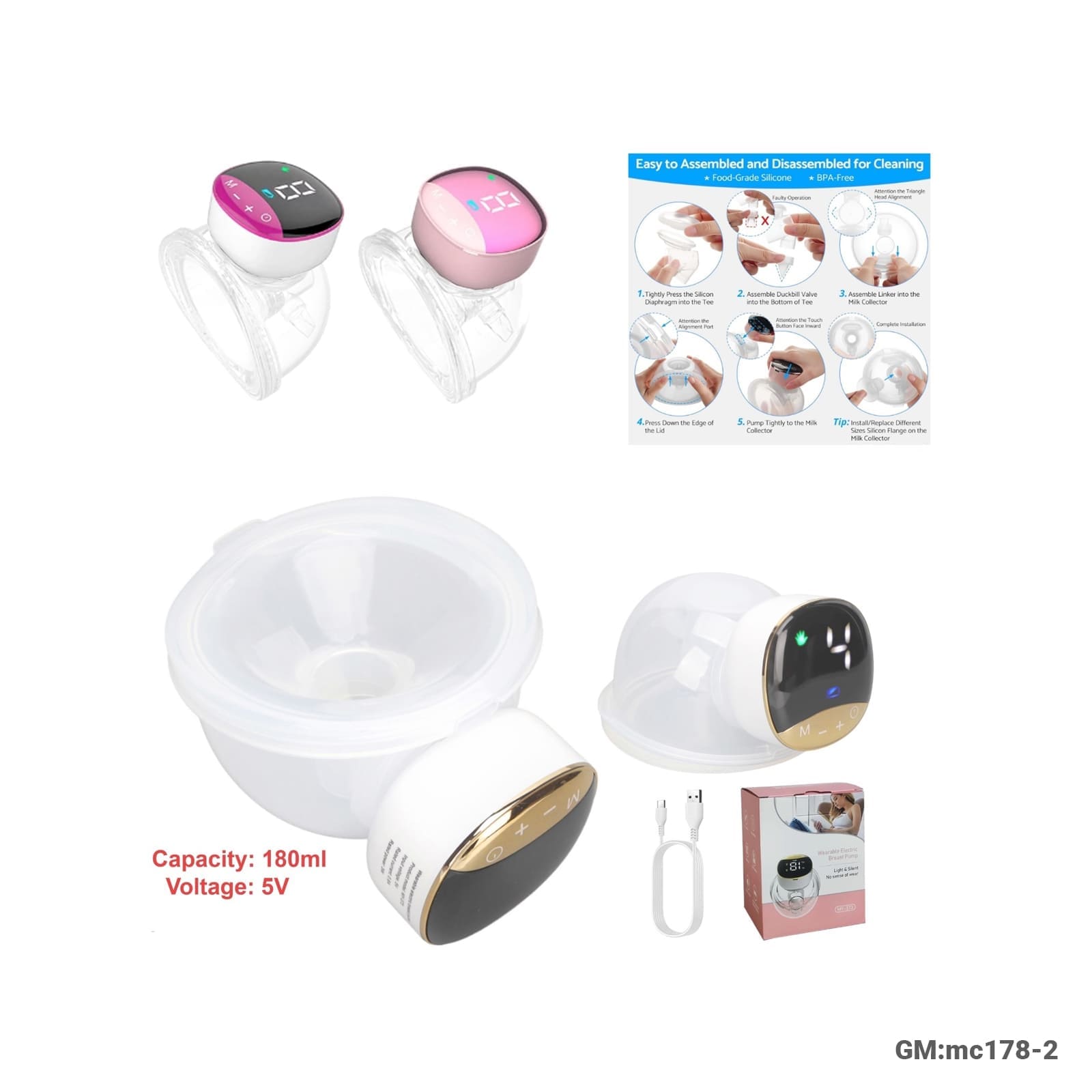 Wearable Electric Breast Pump, BPA-Free, 180ml Capacity (mc178-2)