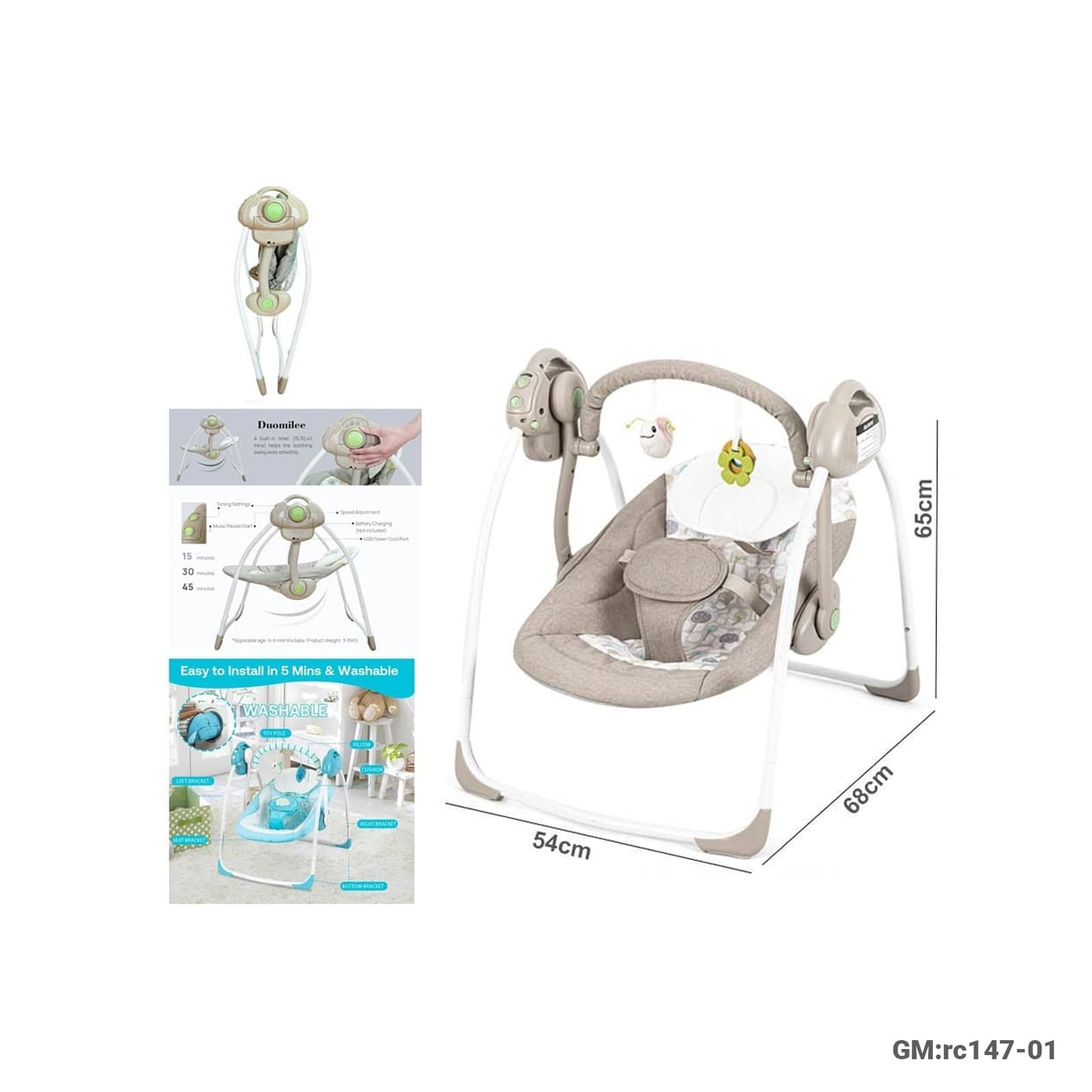 Electric Foldable Baby Swing, Suitable 0–12 Months, Max Capacity 11kg (rc147-01)