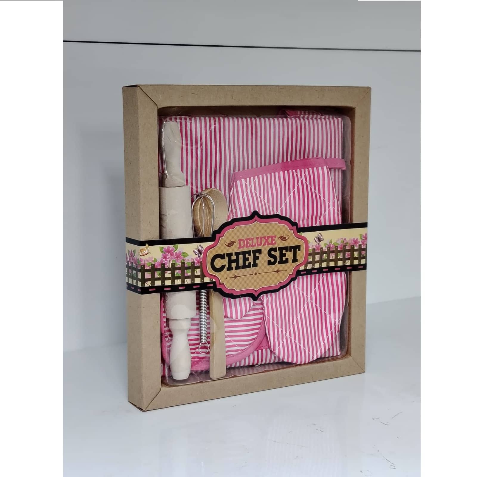 Deluxe Chef Set for Kids – Pink Striped Baking & Cooking Kit with Real Wooden Utensils