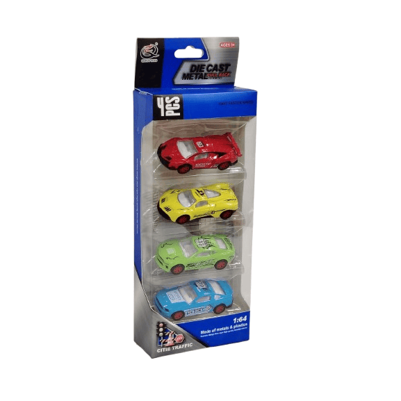 4-Piece Die-Cast Metal Pull-Back Racing Car Set – 1:64 Scale High-Speed City Traffic Fleet