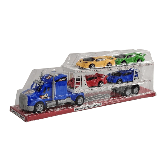 Powerful Zone Mega Car Hauler Truck – 5-Piece Vehicle Set with Double-Decker Trailer & 4 Sports Cars