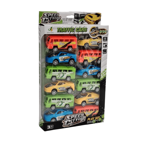 Speed City Traffic Cars Mega Pack – 12-Piece Assorted Race Cars & Urban Transit Buses Set