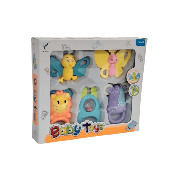 5-Piece Deluxe Baby Rattle & Sensory Teether Set – Multi-Texture Animal Figures for Early Development
