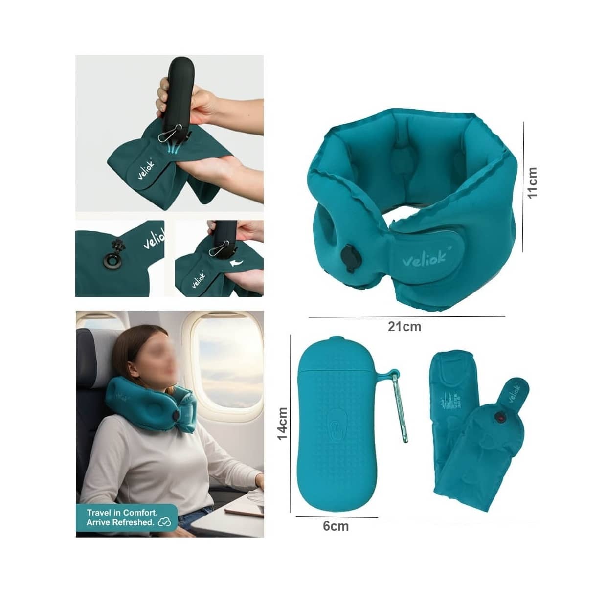 Veliok Inflatable U-Shaped Neck Pillow – Ultra-Portable Air-Filled Travel Cushion with Compact Carry Case