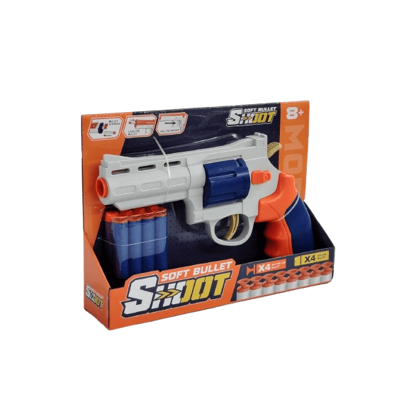 Soft Bullet Shoot Revolver Blaster – 8-Dart Action Toy with Suction Cup & Hollow Foam Bullets