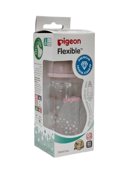 Pigeon Flexible Premium Baby Feeding Bottle – Crystal Clear Wide Neck Bottle with Silicone Nipple (150ml, 0+ Months)