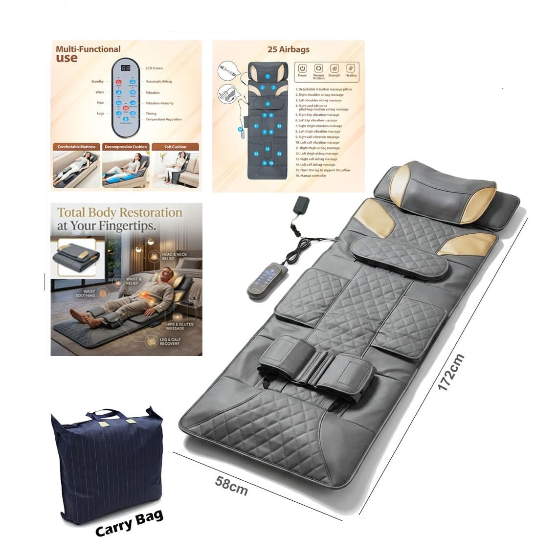 Multi-Functional Full Body Massage Mattress with Air Compression and Heating System 12V 30W (MA348-03)