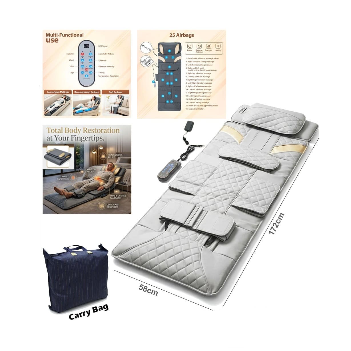 Multi-Functional Full Body Massage Mattress with Air Compression and Heating System 12V 30W (MA348-03)